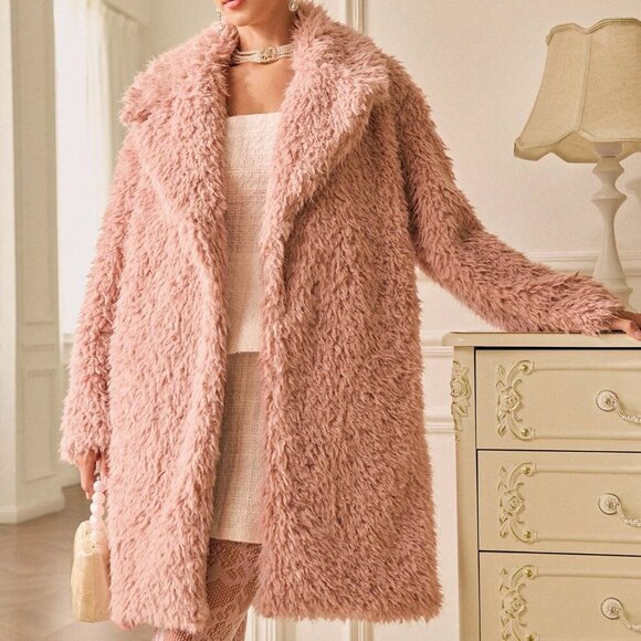 Pink Casual Women's Faux Shearling Crisp Collar Mid-Length Jacket - Picture 3 of 8